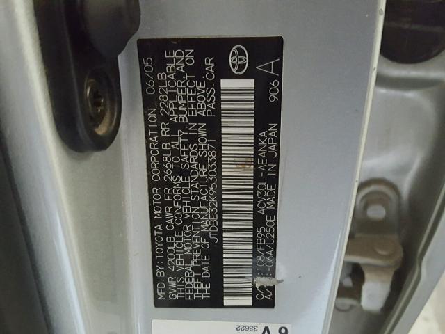 JTDBE32K953033871 - 2005 TOYOTA CAMRY LE SILVER photo 10