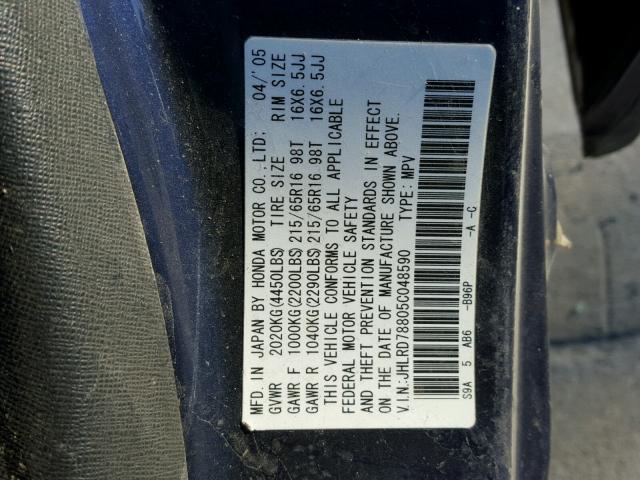 JHLRD78805C048590 - 2005 HONDA CR-V EX BLUE photo 10