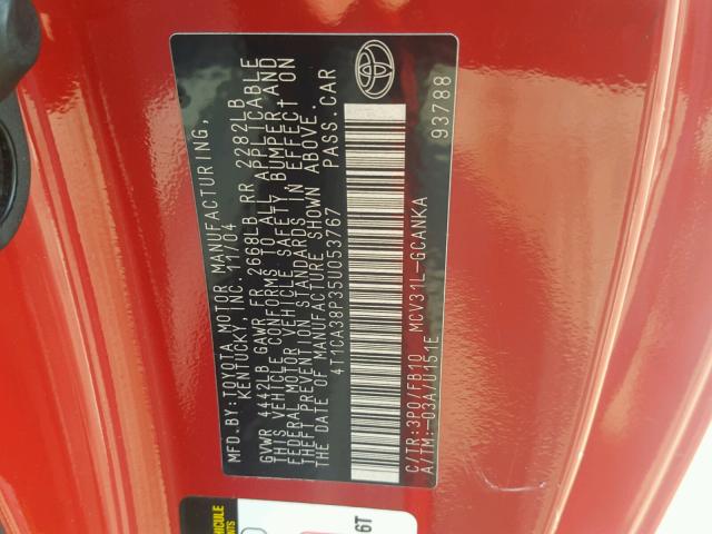 4T1CA38P35U053767 - 2005 TOYOTA CAMRY SOLA RED photo 10