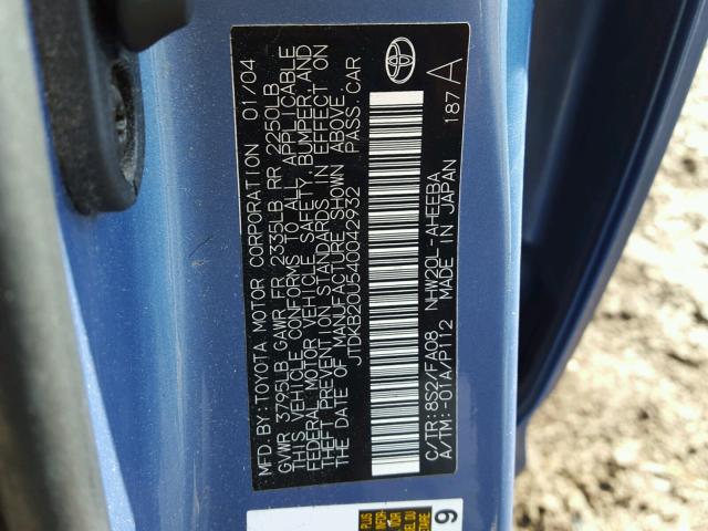 JTDKB20U540042932 - 2004 TOYOTA PRIUS BLUE photo 10