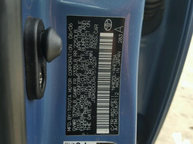 JTDKB20U967515239 - 2006 TOYOTA PRIUS BLUE photo 10