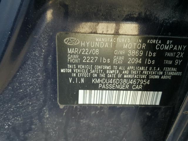 KMHDU46D38U467954 - 2008 HYUNDAI ELANTRA GL BLUE photo 10