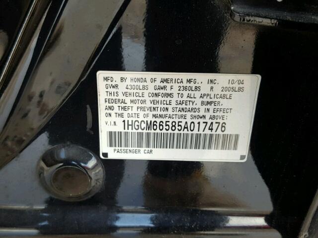 1HGCM66585A017476 - 2005 HONDA ACCORD EX BLACK photo 10