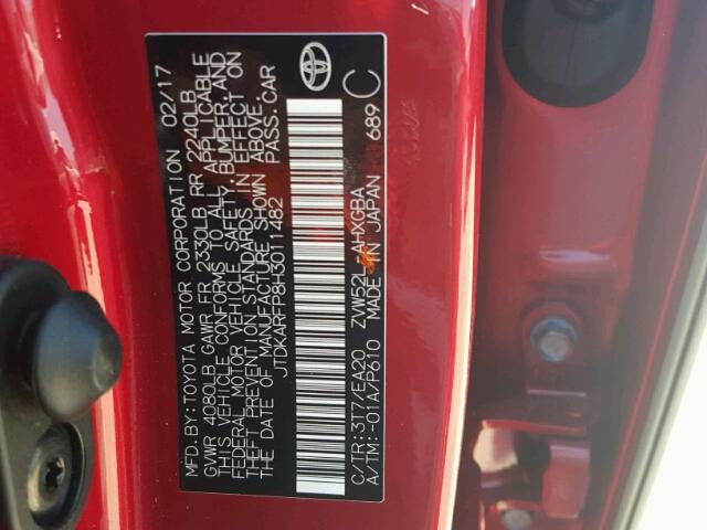 JTDKARFP8H3011482 - 2017 TOYOTA PRIUS PRIM 红色 照片 10