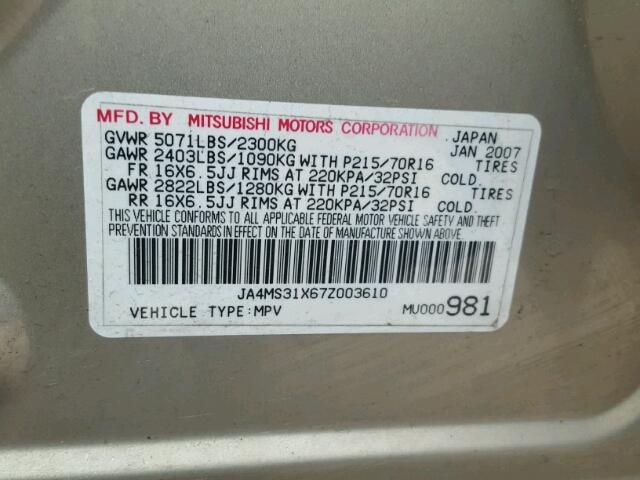 JA4MS31X67Z003610 - 2007 MITSUBISHI OUTLANDER GOLD photo 10