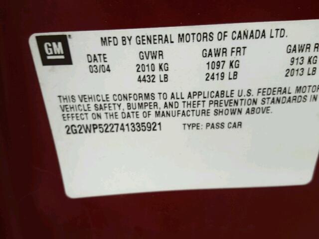2G2WP522741335921 - 2004 PONTIAC GRAND PRIX MAROON photo 10