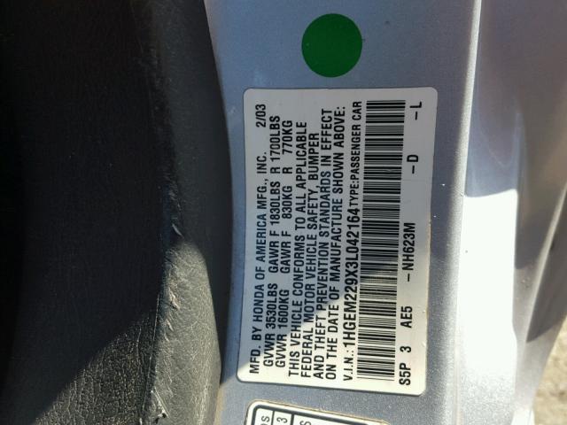 1HGEM229X3L042164 - 2003 HONDA CIVIC EX ვერცხლისფერი ფოტო 10