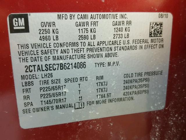 2CTALSEC7B6214086 - 2011 GMC TERRAIN SL RED photo 10