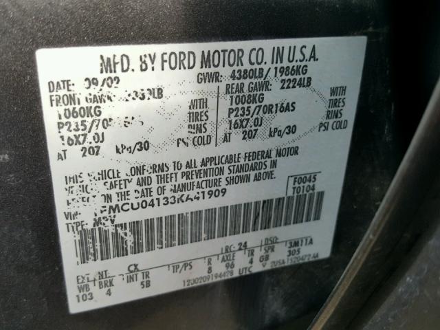 1FMCU04133KA41909 - 2003 FORD ESCAPE LIM GRAY photo 10