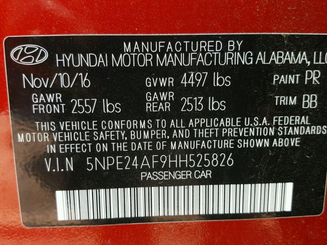 5NPE24AF9HH525826 - 2017 HYUNDAI SONATA SE RED photo 10