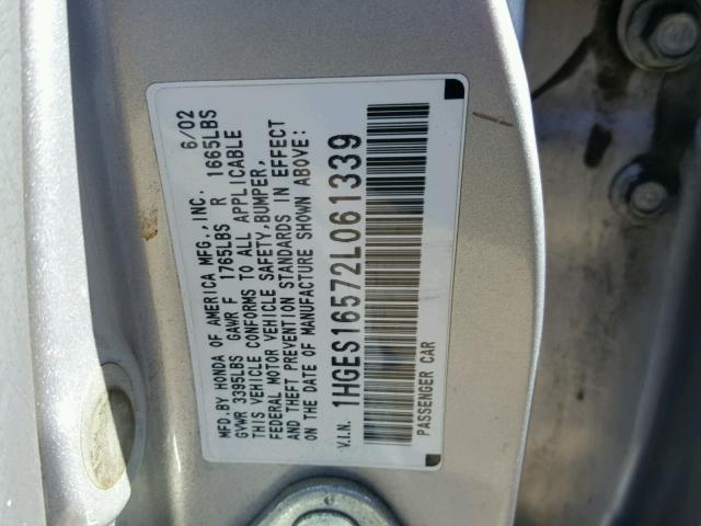 1HGES16572L061339 - 2002 HONDA CIVIC LX SILVER photo 10