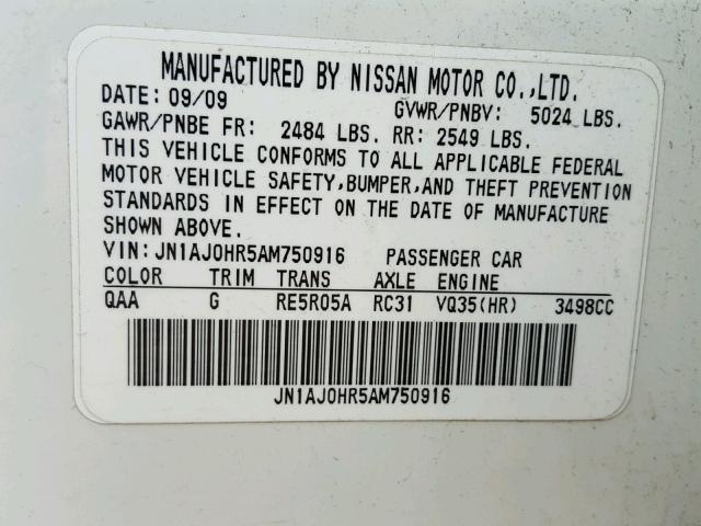 JN1AJ0HR5AM750916 - 2010 INFINITI EX35 BASE WHITE photo 10