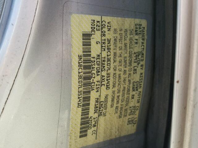 3N1BC13E07L351410 - 2007 NISSAN VERSA S GRAY photo 10