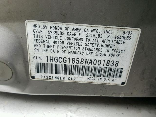 1HGCG1658WA001838 - 1998 HONDA ACCORD EX SILVER photo 10