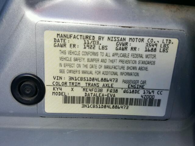 3N1CB51D84L886473 - 2004 NISSAN SENTRA 1.8 SILVER photo 10