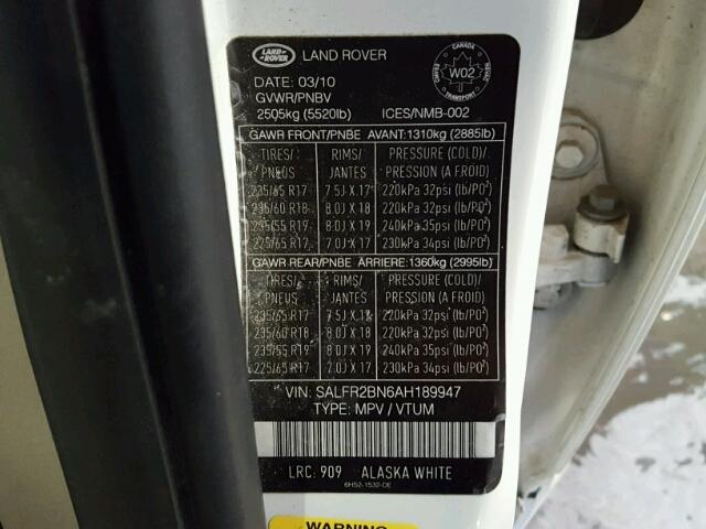 SALFR2BN6AH189947 - 2010 LAND ROVER LR2 HSE WHITE photo 10