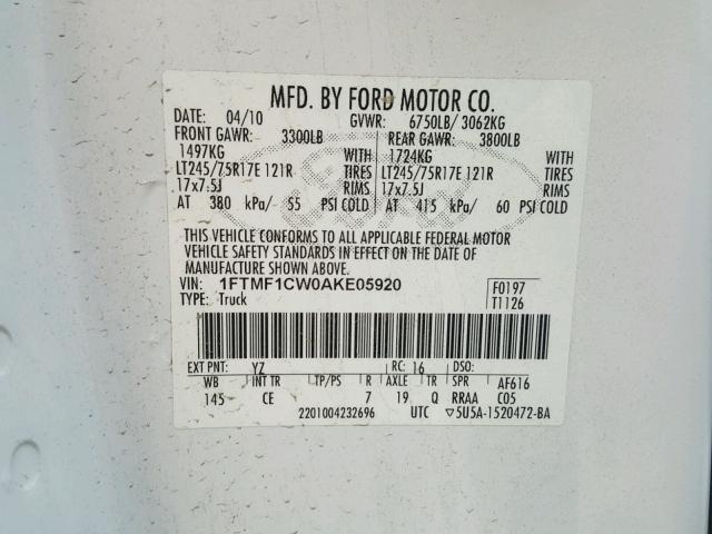 1FTMF1CW0AKE05920 - 2010 FORD F150 WHITE photo 10