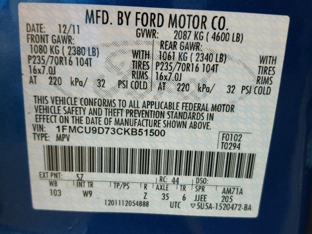 1FMCU9D73CKB51500 - 2012 FORD ESCAPE XLT BLUE photo 10