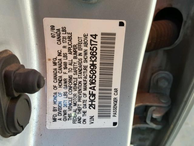 2HGFA16509H365174 - 2009 HONDA CIVIC LX SILVER photo 10