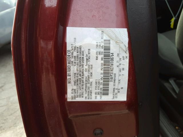 1FAFP31N27W108764 - 2007 FORD FOCUS ZX3 RED photo 10