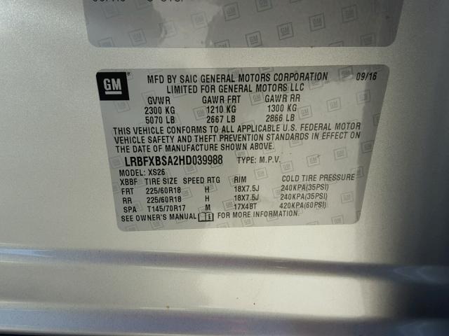 LRBFXBSA2HD039988 - 2017 BUICK ENVISION E SILVER photo 10