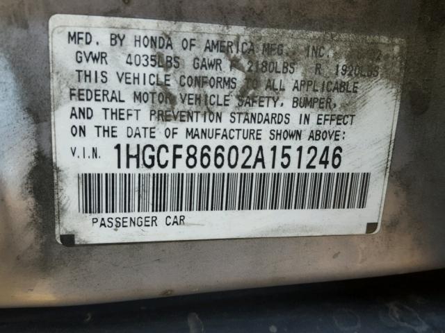 1HGCF86602A151246 - 2002 HONDA ACCORD VAL SILVER photo 10