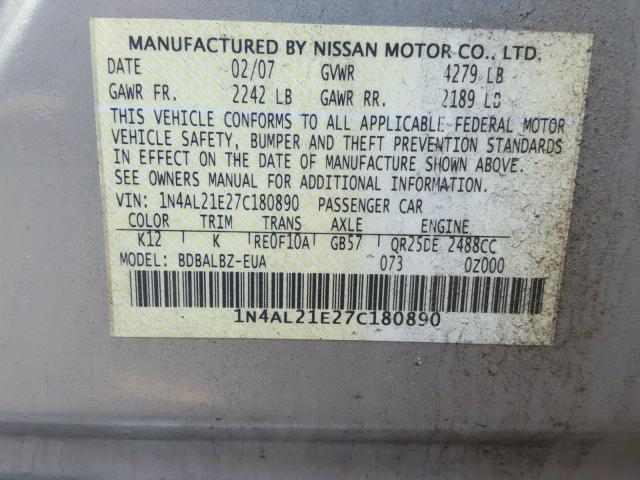 1N4AL21E27C180890 - 2007 NISSAN ALTIMA 2.5 SILVER photo 10