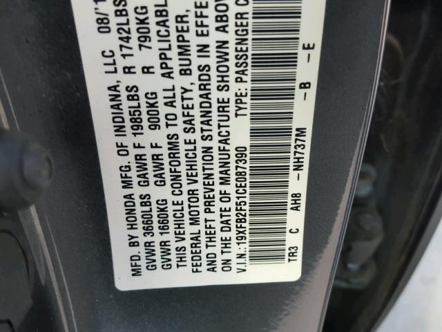 19XFB2F51CE087390 - 2012 HONDA CIVIC LX GRAY photo 10