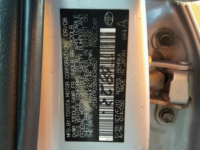 JTDBT903894048821 - 2009 TOYOTA YARIS SILVER photo 10