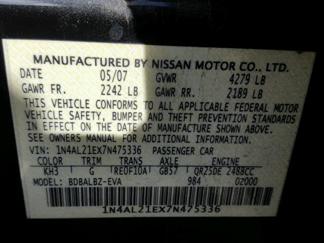 1N4AL21EX7N475336 - 2007 NISSAN ALTIMA 2.5 BLACK photo 10