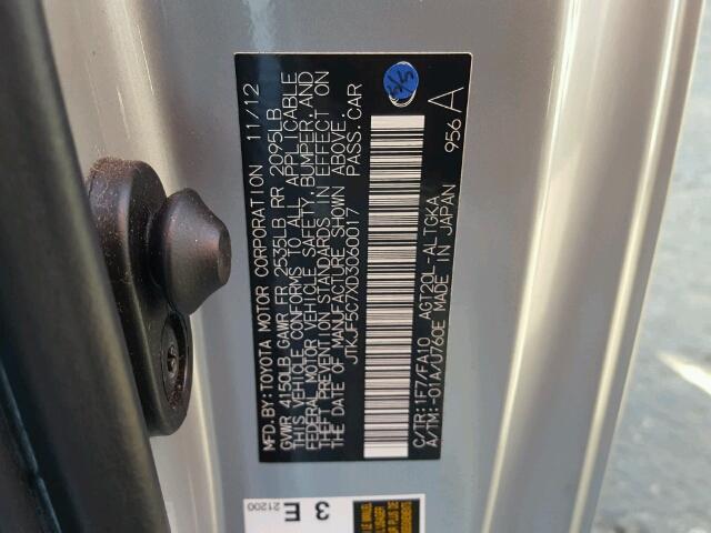 JTKJF5C7XD3060017 - 2013 TOYOTA SCION TC 银色 照片 10