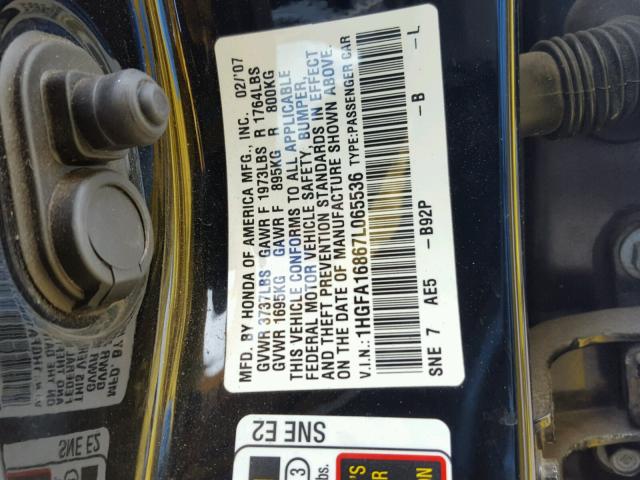 1HGFA16867L065536 - 2007 HONDA CIVIC EX BLACK photo 10