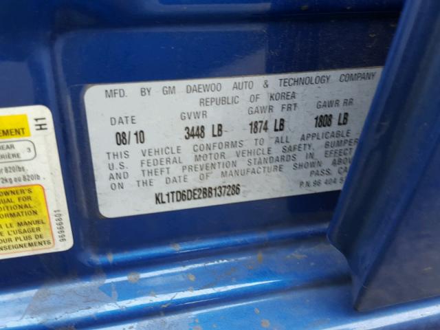 KL1TD6DE2BB137286 - 2011 CHEVROLET AVEO LS BLUE photo 10