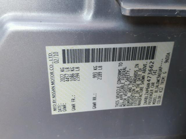 1N4BL2AP6AN473662 - 2010 NISSAN ALTIMA SR SILVER photo 10