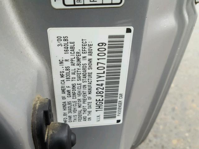 1HGEJ8241YL071009 - 2000 HONDA CIVIC EX Արծաթագույն լուսանկար 10