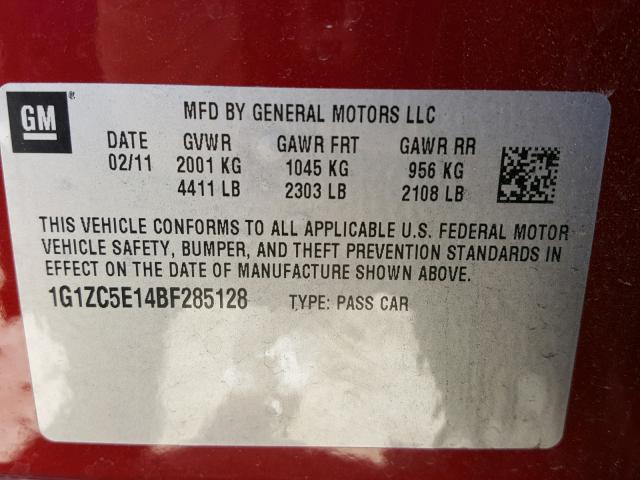 1G1ZC5E14BF285128 - 2011 CHEVROLET MALIBU 1LT 红色 照片 10