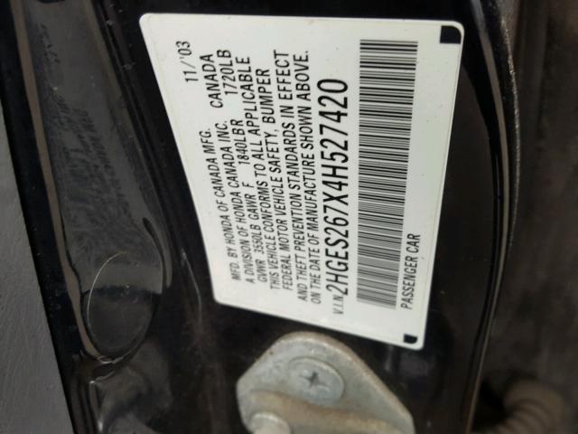 2HGES267X4H527420 - 2004 HONDA CIVIC EX BLACK photo 10