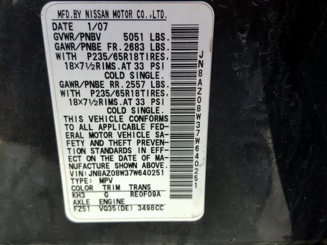 JN8AZ08W37W640251 - 2007 NISSAN MURANO SL BLACK photo 10