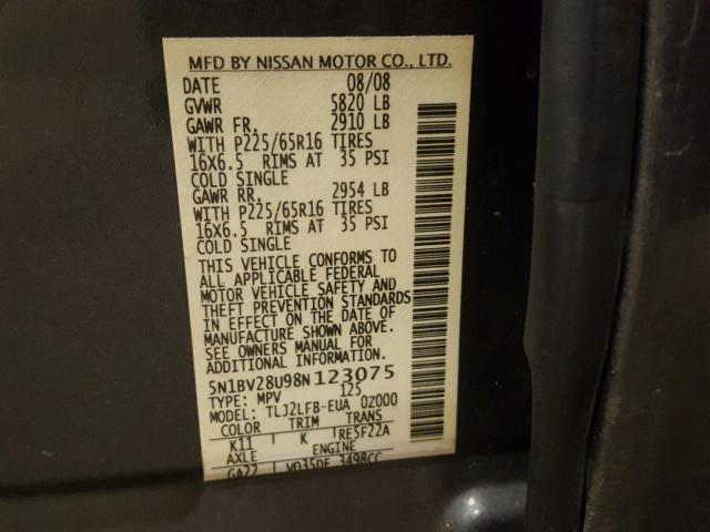 5N1BV28U98N123075 - 2008 NISSAN QUEST S GRAY photo 10