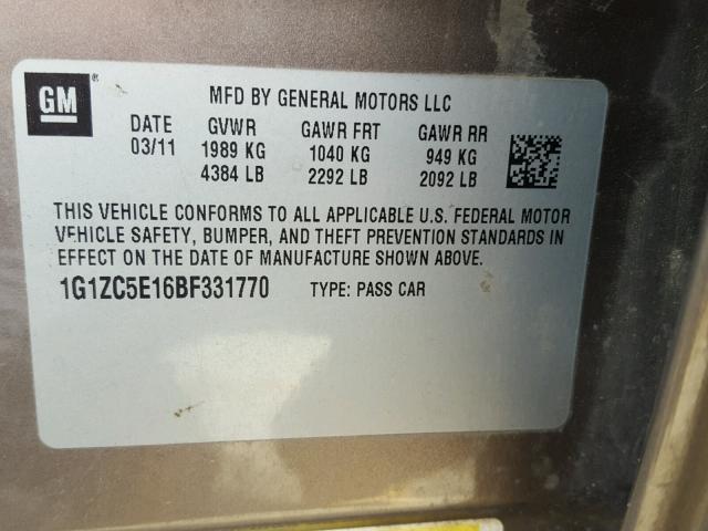 1G1ZC5E16BF331770 - 2011 CHEVROLET MALIBU 1LT CHARCOAL photo 10