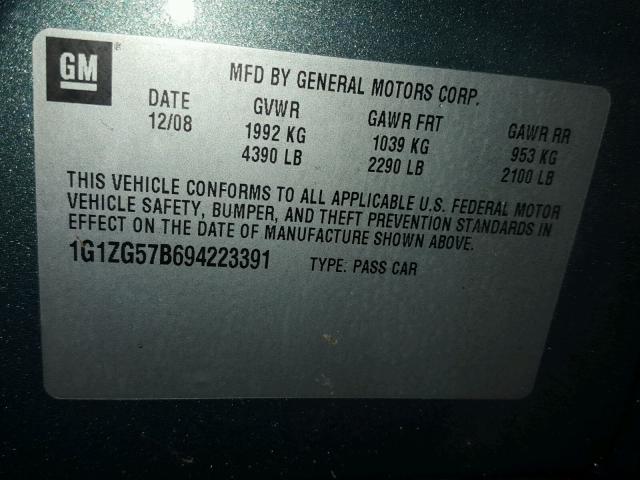 1G1ZG57B694223391 - 2009 CHEVROLET MALIBU LS 绿色 照片 10