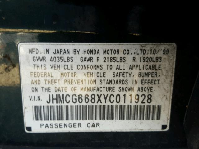 JHMCG668XYC011928 - 2000 HONDA ACCORD EX GREEN photo 10