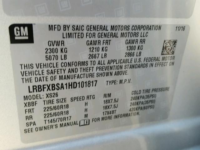 LRBFXBSA1HD101817 - 2017 BUICK ENVISION E SILVER photo 10