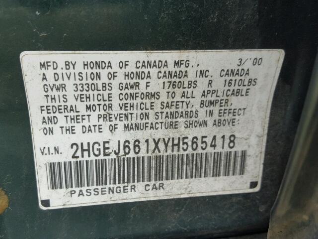 2HGEJ661XYH565418 - 2000 HONDA CIVIC BASE GREEN photo 10