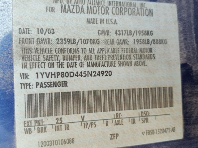 1YVHP80D445N24920 - 2004 MAZDA 6 S BLUE photo 10