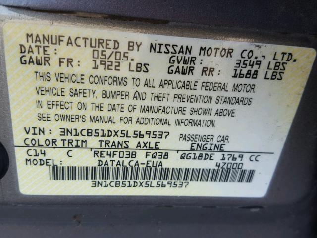 3N1CB51DX5L569537 - 2005 NISSAN SENTRA 1.8 GRAY photo 10