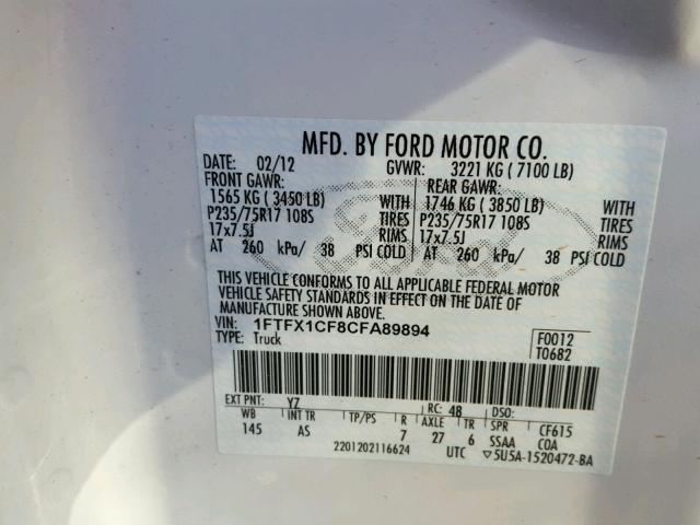 1FTFX1CF8CFA89894 - 2012 FORD F150 SUPER WHITE photo 10