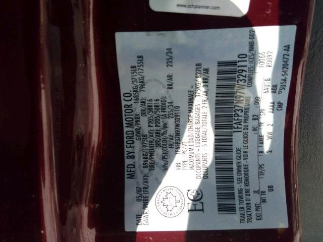 1FAFP37N97W329110 - 2007 FORD FOCUS ZX5 BURGUNDY photo 9