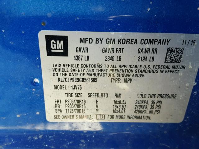 KL7CJPSB9GB561505 - 2016 CHEVROLET TRAX 1LT BLUE photo 10