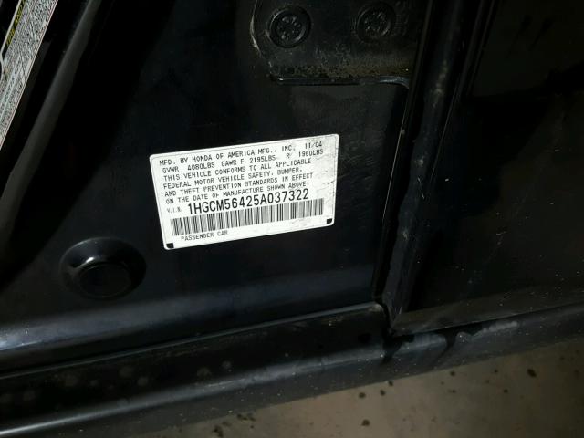 1HGCM56425A037322 - 2005 HONDA ACCORD LX BLACK photo 10